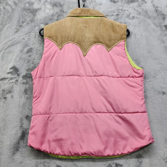 Roper Vest Womens S Pink Tan Neon Green Reversible Puffer Snap Western Retro - Picture 3 of 14